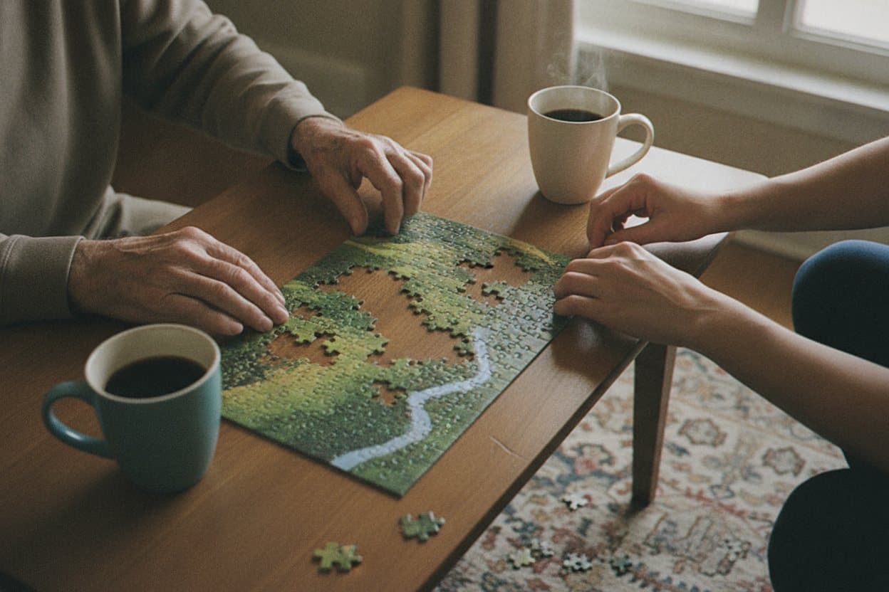 Hands working together on jigsaw puzzle