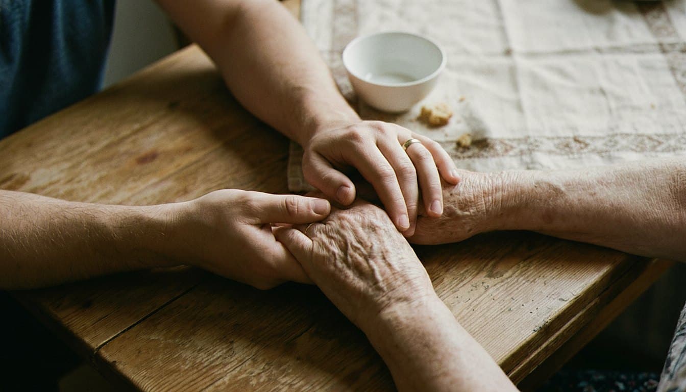 Elderly woman and caregiver sharing tea warmly